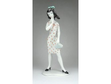 Unterweissbach K. Steiner retró pöttyös ruhás női porcelán figura 26 cm