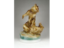 Nagyméretű Zsolnay porcelán bírkózó medve pár Markup Béla 29 cm