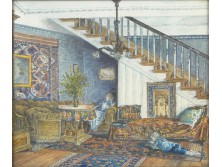 Boemm Ritta : Antik enteriőr festmény papír akvarell
