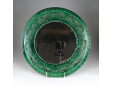 Jelzett hódmezővásárhelyi Mónus Ferencné zöld kerámia tükrös falitál 33 cm