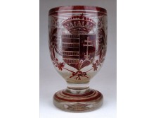 Antik bíborpácolt Biedermeier talpas emlékpohár 13 cm