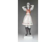 Régi nagyméretű Hollóházi pártás menyecske porcelán figura 30.5 cm