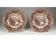 Régi Haweswater tájképes barna angol fajansz tányér pár 
