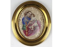 Antik réz keretes ostyára festett Mária gyermekével miniatűr festmény