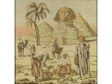 Régi orientalista tűgobelin Egyiptomi tájkép piramisokkal keretben 53.5 x 52.5 cm