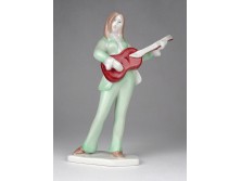 Jelzett ritka Aquincumi porcelán gitározó lány figura 16 cm