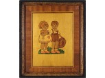 Régi kisfiú-kislány páros intarziakép régi keretben 28 x 23.5 cm