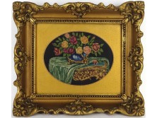 Asztali virágcsendélet régi tűgobelin Blonel keretben 26 x30 cm