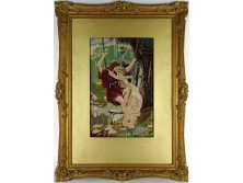 Antik hatalmas szerelmes pár tűgobelin aranyozott Blondel keretben 100cm x 70cm