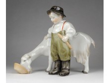 Régi Zsolnay - Sinkó porcelán kecskét etető kisfiú figura 21 cm