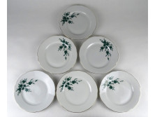 Jelzett zöld virágos porcelán süteményes tányér készlet
