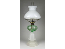 Antik fújt zöld opálüveg petróleumlámpa burával és cilinderrel 46.5 cm