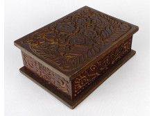 Antik népi motívumos faragott keményfa leveles doboz 6.5 x 13 x 18 cm