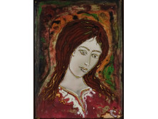 XX. századi művész : Női portré zománckép tűzzománc 30 x 25 cm