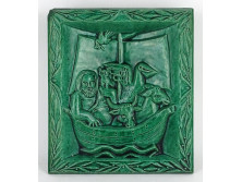 Noé bárkája zöld mázas samott falidísz 24.5 x 21.5 cm