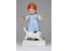 Régi Zsolnay kislány cicával porcelán szobor SINKÓ 14 cm
