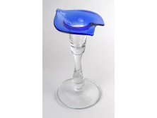 Színezett kék fújt üveg gyertyatartó 18 cm