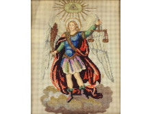 Szent Mihály arkangyal keretezett kézimunka 32 x 27 cm
