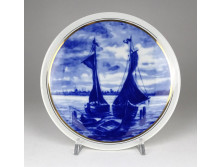 Kék-fehér Wallendorf porcelán dísztányér vitorlás hajóval 19.7 cm
