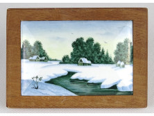 Régi keretezett kisméretű kézzel festett téli táj zománckép 8.5 x 12 cm