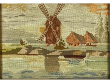 Régi szélmalmos tűgobelin kép aranyozott keretben 35 x 44 cm