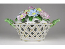 Virágmintás áttört Herendi porcelán fedeles kosár
