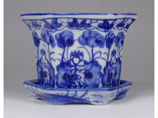 Régi kisméretű kék-fehér kézi festésű porcelán kaspó alátéttel
