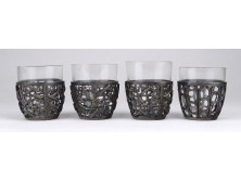 Régi iparművészeti üvegbetétes ezüstözött fém stampedlis pohár készlet 4 darab