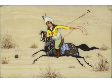 Gyönyörű régi csontra festett orientalista lovas jelenet keretben 16.7 x 20.8 cm