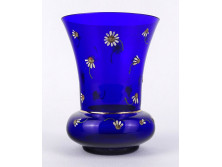 Régi kisméretű kamillavirág díszes kék színű parádi üveg váza 13.5 cm