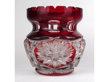 Régi bordó csiszolt vastagfalú üveg váza 14 cm