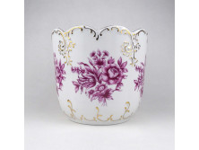 Hollóházi rózsaszín virágmintás, aranyozott porcelán kaspó 15 cm
