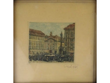 Régi jelzett színezett rézkarc - Városi tömeg 8 x 7 cm
