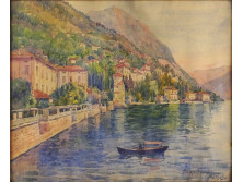 Philippo Fiorini: Moltrasio Como-i tó partja  - akvarell festmény 42 x 29.5 cm