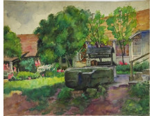 Pálla Jenő (1883-1958) : Napfényes udvar kerekeskúttal