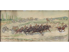 Mühlbeck Károly : Lovastüzér fogat akvarell 31 x 15 cm