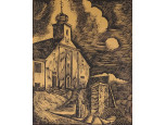 Havas László fametszet: Falusi templom 22 x 17.8 cm