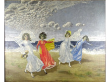 Régi jelzett olaj vászon festmény: Tengerparti séta 1912  98 x 72 cm